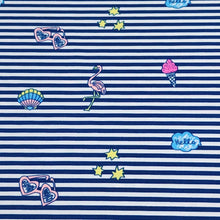 Load image into Gallery viewer, Swim Fabric Blue Stripe Nylon Spandex Fabric with Flamingo&#39;s Sunglasses Ice Cream - Great for Kids and Teen Swimwer. Sold by the 1/2 yard.
