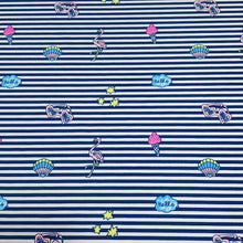 Load image into Gallery viewer, Swim Fabric Blue Stripe Nylon Spandex Fabric with Flamingo&#39;s Sunglasses Ice Cream - Great for Kids and Teen Swimwer. Sold by the 1/2 yard.
