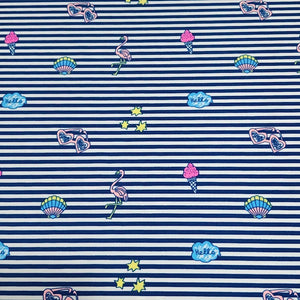 Swim Fabric Blue Stripe Nylon Spandex Fabric with Flamingo's Sunglasses Ice Cream - Great for Kids and Teen Swimwer. Sold by the 1/2 yard.