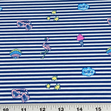 Load image into Gallery viewer, Swim Fabric Blue Stripe Nylon Spandex Fabric with Flamingo&#39;s Sunglasses Ice Cream - Great for Kids and Teen Swimwer. Sold by the 1/2 yard.
