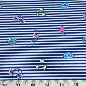 Swim Fabric Blue Stripe Nylon Spandex Fabric with Flamingo's Sunglasses Ice Cream - Great for Kids and Teen Swimwer. Sold by the 1/2 yard.