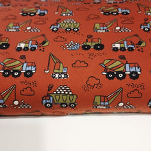 Load image into Gallery viewer, Knit Fabric Kid&#39;s Construction Fabric with Trucks - French Terry Knit, 4-Way Stretch Fabric from Europe - Sold by the 1/2 Yard
