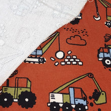 Load image into Gallery viewer, Knit Fabric Kid&#39;s Construction Fabric with Trucks - French Terry Knit, 4-Way Stretch Fabric from Europe - Sold by the 1/2 Yard
