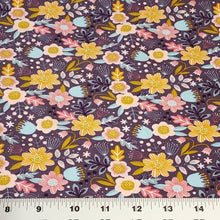 Load image into Gallery viewer, Floral Organic Knit Fabric Cotton Knit Purple Floral Spandex Print From Europe, Jersey Knit 4 Way Stretch Fabric, Sold by the 1/2 Yard.
