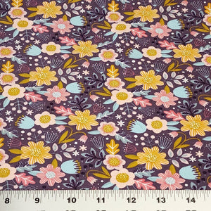 Floral Organic Knit Fabric Cotton Knit Purple Floral Spandex Print From Europe, Jersey Knit 4 Way Stretch Fabric, Sold by the 1/2 Yard.