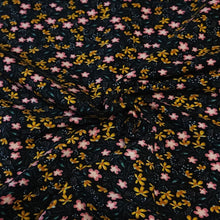 Load image into Gallery viewer, Organic Dainty Pink Floral Print on Black Jersey Knit 4 Way Stretch Fabric from Europe: Cotton Spandex Blend, Sold by the 1/2 Yard
