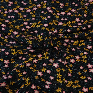 Organic Dainty Pink Floral Print on Black Jersey Knit 4 Way Stretch Fabric from Europe: Cotton Spandex Blend, Sold by the 1/2 Yard