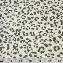 Load image into Gallery viewer, French Terry Stretch Knit Fabric, Cream/Gray Leopard Cheetah Print, Poly Rayon Spandex Tri Blend.  2-way stretch. Sold by the 1/2 yard
