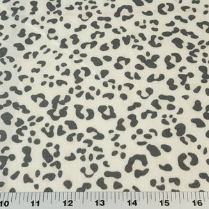 French Terry Stretch Knit Fabric, Cream/Gray Leopard Cheetah Print, Poly Rayon Spandex Tri Blend.  2-way stretch. Sold by the 1/2 yard