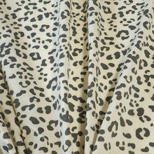 Load image into Gallery viewer, French Terry Stretch Knit Fabric, Cream/Gray Leopard Cheetah Print, Poly Rayon Spandex Tri Blend.  2-way stretch. Sold by the 1/2 yard
