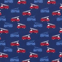 Load image into Gallery viewer, Cotton Knit Fabric Red FIre Truck on Blue Knit Fabric - Ideal for Children&#39;s Apparel, European Quality, 4 Way Stretch - Sold by the 1/2 yard
