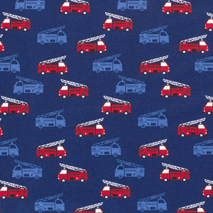 Cotton Knit Fabric Red FIre Truck on Blue Knit Fabric - Ideal for Children's Apparel, European Quality, 4 Way Stretch - Sold by the 1/2 yard