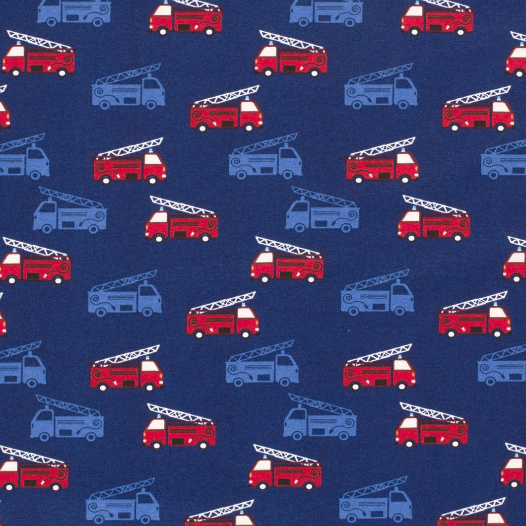 Cotton Knit Fabric Red FIre Truck on Blue Knit Fabric - Ideal for Children's Apparel, European Quality, 4 Way Stretch - Sold by the 1/2 yard