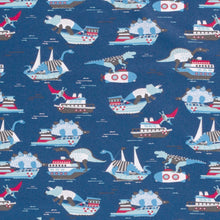 Load image into Gallery viewer, Cotton Knit Fabric With Dinosaurs on Boats Fabric, Ideal for Children&#39;s Apparel, European Quality, 4 Way Stretch - Sold by the 1/2 yard
