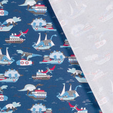 Load image into Gallery viewer, Cotton Knit Fabric With Dinosaurs on Boats Fabric, Ideal for Children&#39;s Apparel, European Quality, 4 Way Stretch - Sold by the 1/2 yard
