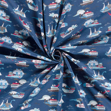 Load image into Gallery viewer, Cotton Knit Fabric With Dinosaurs on Boats Fabric, Ideal for Children&#39;s Apparel, European Quality, 4 Way Stretch - Sold by the 1/2 yard
