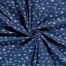 Load image into Gallery viewer, Cotton Knit Fabric Boats at Sea Sailboat Motor Boat, Ideal for Children&#39;s Apparel, European Quality, 4 Way Stretch - Sold by the 1/2 yard
