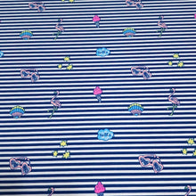 Load image into Gallery viewer, Swim Fabric Blue Stripe Nylon Spandex Fabric with Flamingo&#39;s Sunglasses Ice Cream - Great for Kids and Teen Swimwer. Sold by the 1/2 yard.
