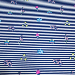 Swim Fabric Blue Stripe Nylon Spandex Fabric with Flamingo's Sunglasses Ice Cream - Great for Kids and Teen Swimwer. Sold by the 1/2 yard.